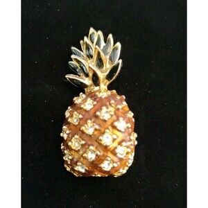 Vintage Figural Brooch PINEAPPLE Rhinestones Enamel Fruit Retro Costume Estate